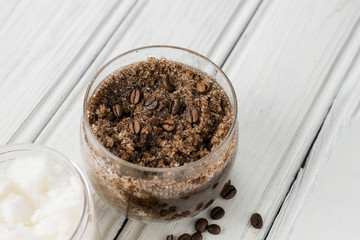 Coffee body scrub with sugar and coconut oil