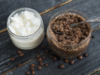 Coffee body scrub with sugar and coconut oil