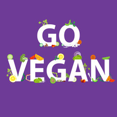 Vegetables pattern with an inscription go vegan, for web and print decoration, vector , Healthy food, cartoon illustration