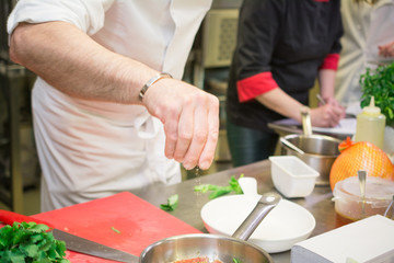 Closeup mid section of a chef putting salt