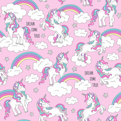 Unicorn pattern and rainbow. Trendy seamless vector pattern on a pink background. Fashion illustration drawing in modern style for clothes. Drawing for kids clothes, t shirts, fabrics or packaging.