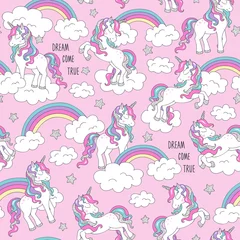 Wall murals Unicorn Unicorn pattern and rainbow. Trendy seamless vector pattern on a pink background. Fashion illustration drawing in modern style for clothes. Drawing for kids clothes, t shirts, fabrics or packaging.