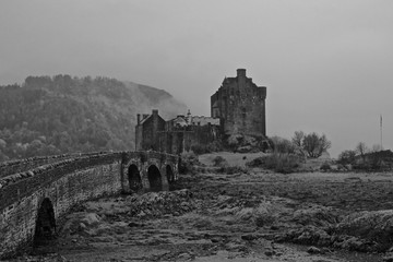 Eileen Donan Castle, Scotland, UK on a Foggy Day in Autumn