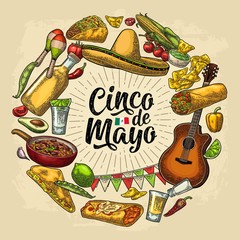 Circle shape set mexican food engraving. Cinco de Mayo lettering.