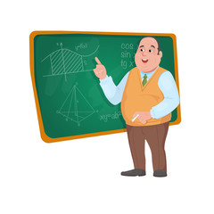 Teacher professor standing in front of blackboard teaching student
