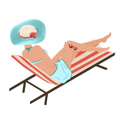 Girl in summer on the beach sunbathes. A woman lies in a striped shelong in a fashionable striped hat. Turquoise Panama, bright glasses and trendy swimsuit. Vector isometric image