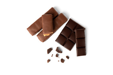 Chocolate bar with caramel and peanut and milk chocolate isolated on white background. 