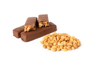 Chocolate bar with caramel and peanut isolated on white background. 