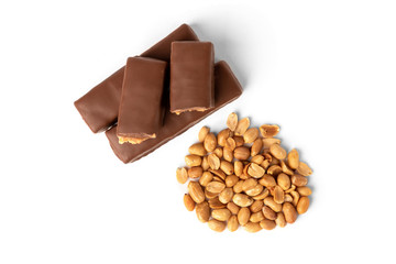 Chocolate bar with caramel and peanut isolated on white background. 