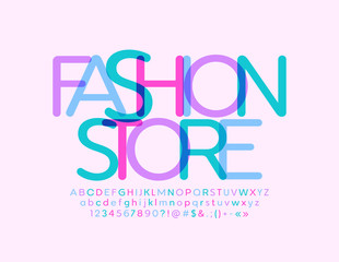 Vector elegant emblem Fashion Store with original Font. Transparent color Alphabet Letters, Numbers and Symbols