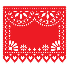 Papel Picado red vector floral template design with abstract shapes, retrop Mexican paper decorations pattern, traditional fiesta banner - greeting card for wedding or Valentine's Day