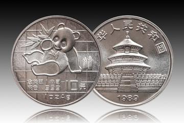China Panda 10 ten yuan silver coin 1 oz 999 fine silver ounce minted 1989, gradient backgriound