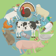 Farm life with animals banner vector illustration. Collection of cute pets. Domestic animals as cow, pig and goose,butterfly, hen, turkey, chick, rabbit, sheep. Local market. Eggs.