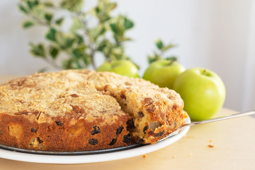 homemade delicious apple cake on white plate.