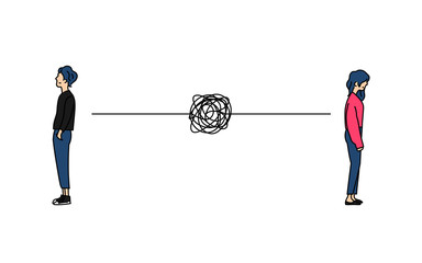 complicated couple bad communication relationship doodle color drawing vector illustration. Standing boy and girl back to back with tangled messy scribble connection line.