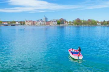 Colorful buildings on the shore of Lake Constance (Bodensee) in Konstanz (Constance) with a small...