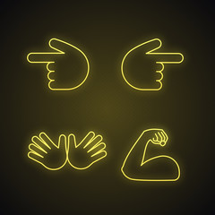 Hand gesture emojis neon light icons set