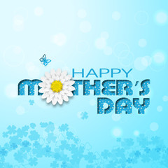 Happy Mother's Day vector poster on the gradient sunny blue background with text with floral pattern and shadow, butterfly and white flowers.