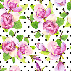 Spring seamless background with watercolor magnolia. Floral purple pattern with realistic flowers on polka dots background for your design and decor.