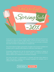 Spring sale, discount 30 percent off, webpage decorated by white tulip, shopping online. Website with springtime prices vector, cost off on new collection