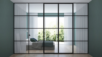 Modern house interior. Interior bedroom with glass partitions. 3D rendering.