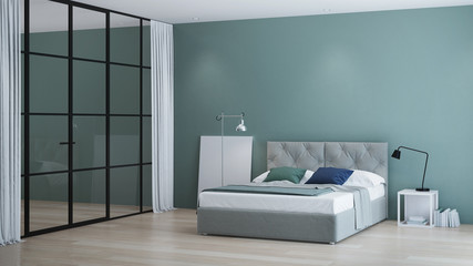 Modern house interior. Interior bedroom with glass partitions. 3D rendering.