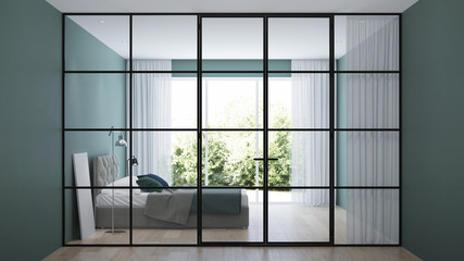 Modern house interior. Interior bedroom with glass partitions. 3D rendering.