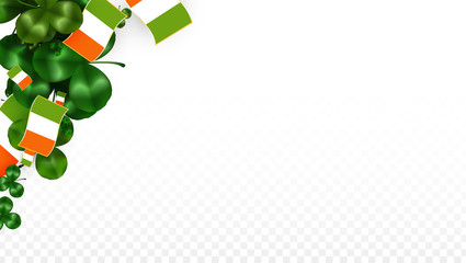 Vector Clover Leaf  and Ireland Flag Isolated on Transparent Background. St. Patrick's Day Illustration. Ireland's Lucky Shamrock Poster. Invitation for Irish Concert in Pub. Tourism in Ireland.