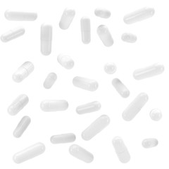 3D White capsule vitamins. White pills in flight. 3d render. 3D image. 3D model