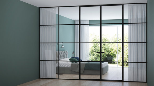 Modern house interior. Interior bedroom with glass partitions. 3D rendering.