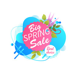 Big spring sale, best choice abstract liquid shape promo tag isolated on white. Vector springtime flowers on advertisement sticker, lilac blossoms on blue