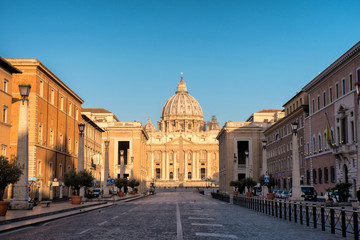 Fototapeta na wymiar St. Peter's Basilica in the morning from Via della Conciliazione in Rome. Vatican City Rome Italy. Rome architecture and landmark. St. Peter's cathedral in Rome. Italian Renaissance church.