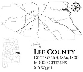 Large and detailed map of Lee county in Alabama, USA