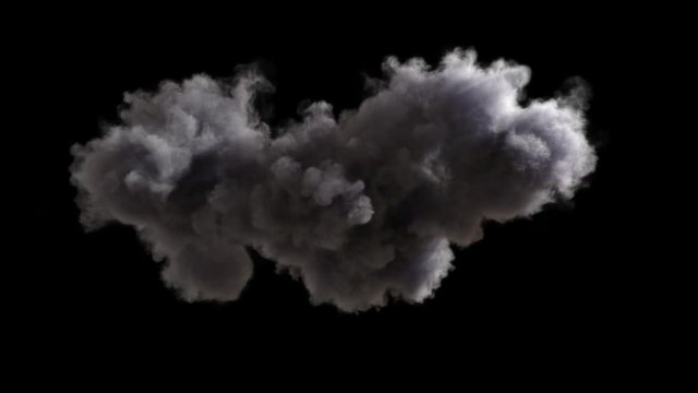 4k cloud loop. beautiful fast billowing cloud isolated on black background with alpha, light rays shining through, popular compositing element