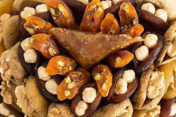 the special dried fruits and nuts plate concept for store seller. dried apricot,fig ,hazelnut, nut,special Turkish east food.