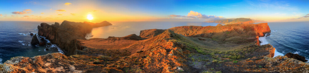Beautiful 360 degree panoramic landscape panorama of the island Madeira at Ponta de Sao Lourenco nature reserve at sunrise