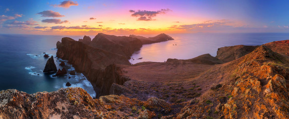 Beautiful 180 degree panoramic landscape panorama of the island Madeira at Ponta de Sao Lourenco nature reserve at sunrise
