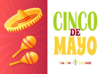 Sombrero and maracas, Cinco de Mayo holiday party vector. Mexican symbols, musical instrument and Mexico hat, celebration and greeting, national event