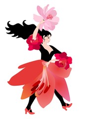 Pretty flamenco dancer girl wearing a skirt in the shape of a lily flower, and with a fan in the shape of a pink cosmos flower, walks isolated against a white background.