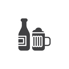 Bottle of beer and glass vector icon. Alcohol drink filled flat sign for mobile concept and web design. Beer mug and beer bottle glyph icon. Symbol, logo illustration. Pixel perfect vector graphics