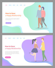 How to build happy relationship vector, people walking together, date of boyfriend and girlfriend, young couple on date, loving each other. Website or webpage template, landing page flat style