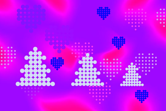Purple violet abstract background. Christmas illustration with trees and hearts.