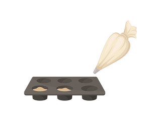 Pastry bag squeezes the dough into a cake pan. Vector illustration.