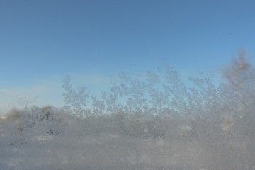 A close-up of beautiful ice flowers on a window, blue sky in the background