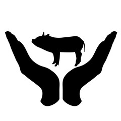 Vector silhouette of a hand in a defensive gesture protecting a pig. Symbol of animal, farm, cattle, humanity, care, protection, veterinary.