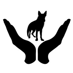 Vector silhouette of a hand in a defensive gesture protecting a dog. Symbol of animal, pet, nature, humanity, care, protection, veterinary.
