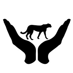 Vector silhouette of a hand in a defensive gesture protecting a cheetah. Symbol of animal, wild,africa, nature, humanity, care, protection, veterinary.
