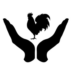 Vector silhouette of a hand in a defensive gesture protecting a cock. Symbol of animal, farm, poultry, humanity, care, protection.