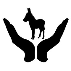 Vector silhouette of a hand in a defensive gesture protecting a donkey. Symbol of animal, farm, cattle, humanity, care, protection, veterinary.