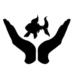 Vector silhouette of a hand in a defensive gesture protecting a fish. Symbol of animal, pet, nature, humanity, care, protection.
